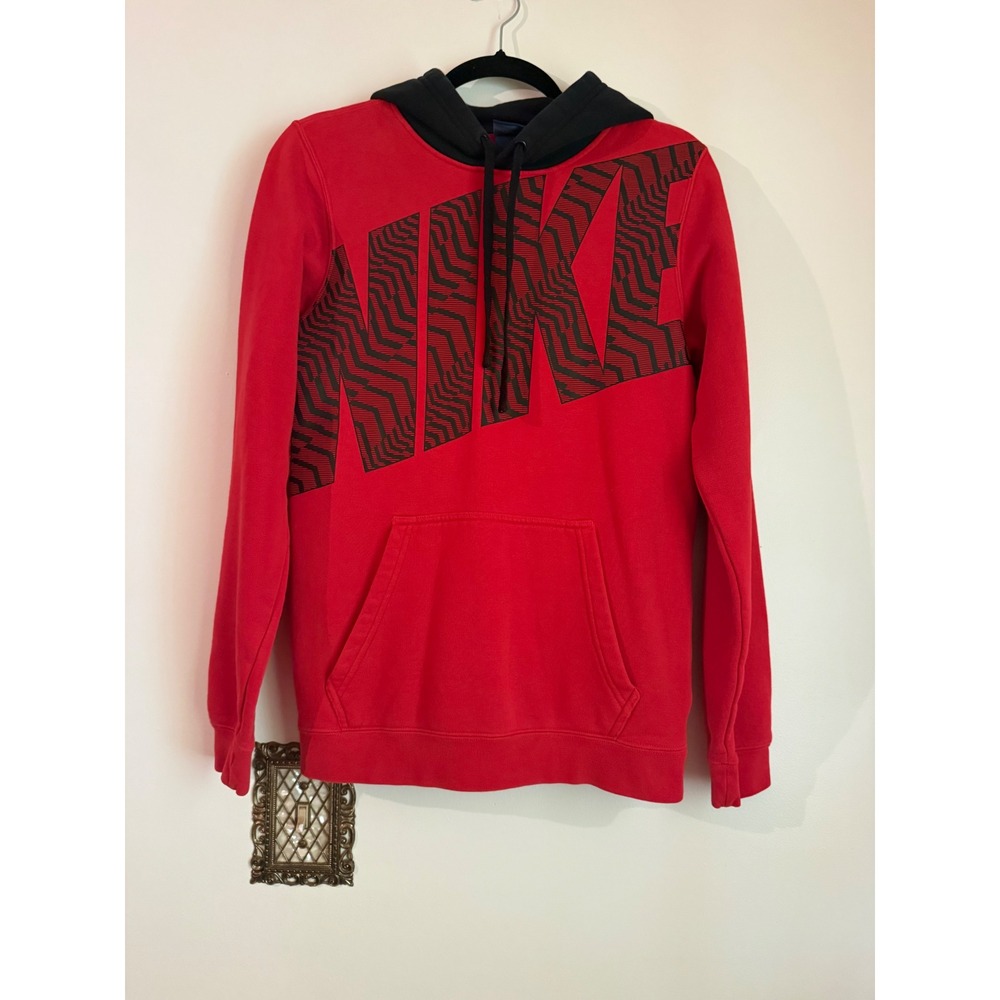 Vintage Nike Mens Therma-Fit Hoodie Red‎ Black Logo Oversized Fleece Pullover XS
